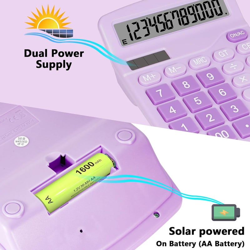 DANRONG Cute Purple Desktop Calculator with Big Buttons, Dual Power Source, Solar and Battery, Large Display Screen - Perfect for Office, Teachers, and Students (Purple) - Image 3